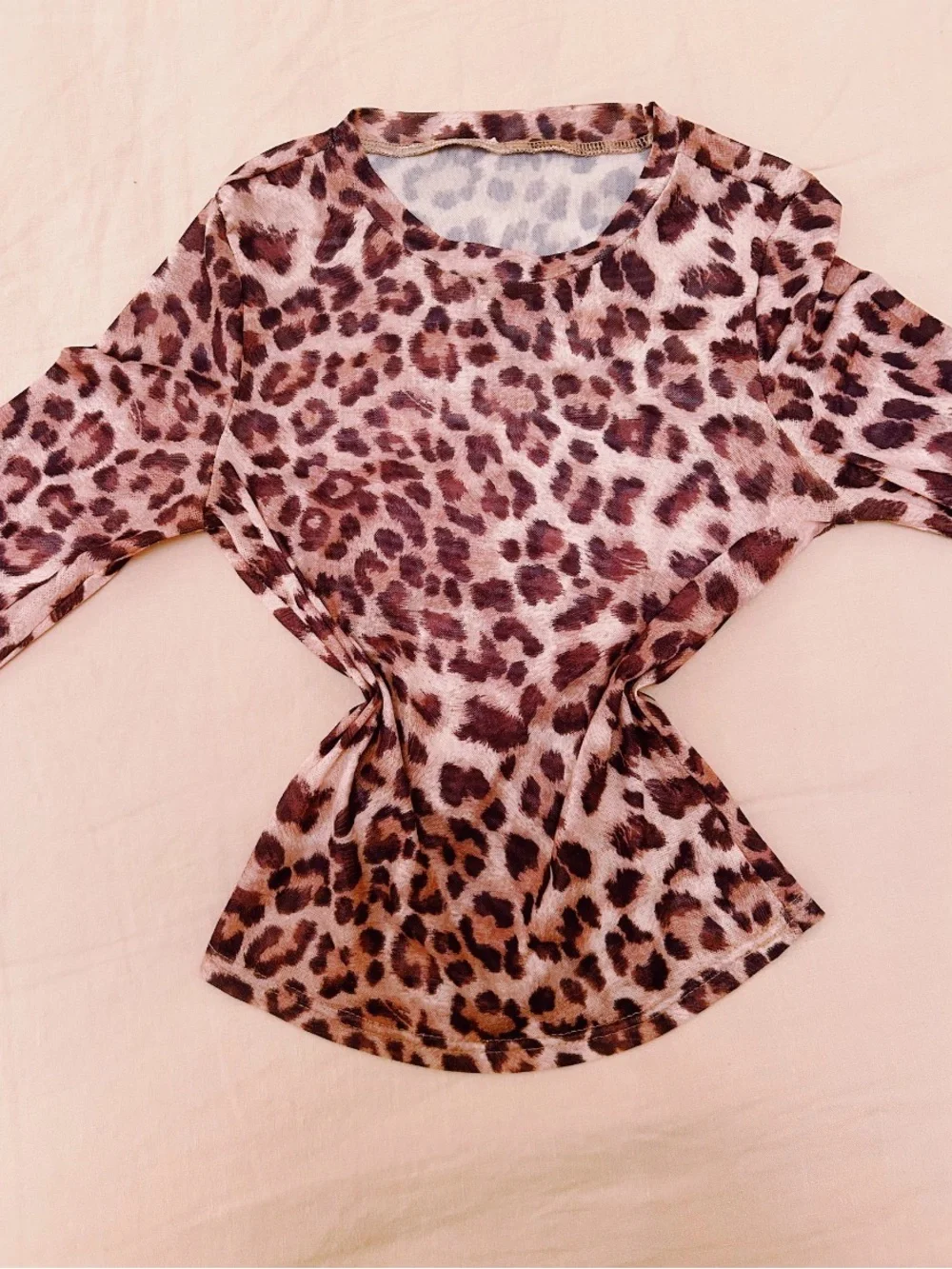Leopard Print Long Sleeve Women's Top - Brown/Pink mesh undershirt
